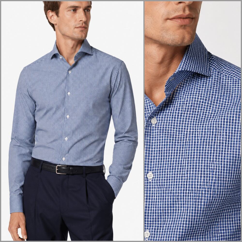 Suitsupply Men's Spread collar Dress Shirt Blue mini check cotton 2ply 15 1/2